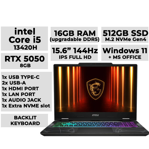 MSI CYBORG 15 Gaming Laptop 15.6" IPS 144Hz | i5-13420H | 16GB DDR5 | 512GB NVMe | RTX 5050 8GB (Model: B13WEKG-888PHNN)